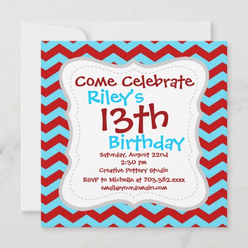 Cool Trendy Teal Turquoise Red Chevron Zigzags Custom Invites