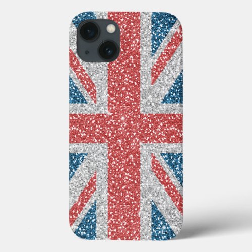 Cool trendy UK Union Jack flag faux glitter iPhone 13 Case