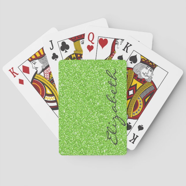 Cool trendy vibrant neon green faux glitter poker cards (Back)