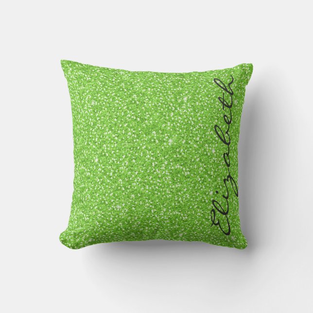 Cool trendy vibrant neon green faux glitter throw pillow (Front)