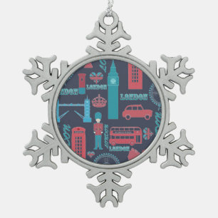 Cool trendy vintage London illustrations pattern Snowflake Pewter Christmas Ornament
