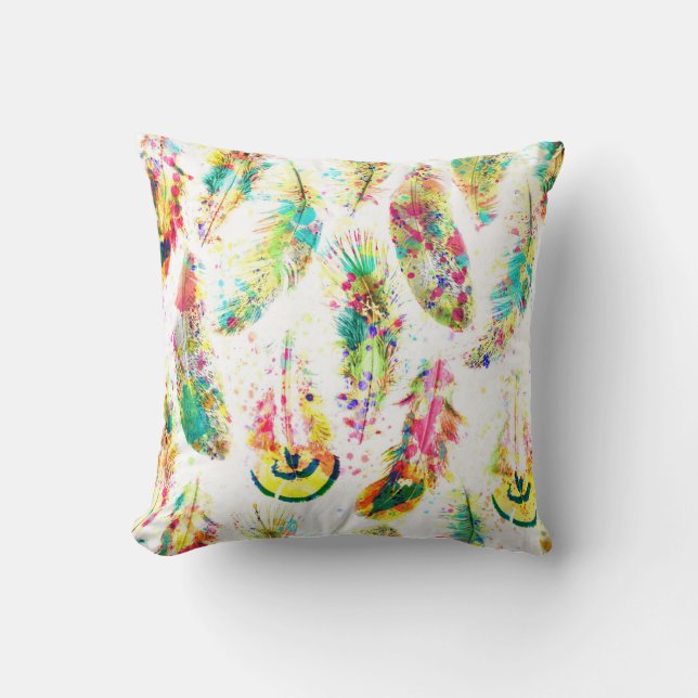 Cool trendy watercolor neon splatters feathers throw pillow (Front)