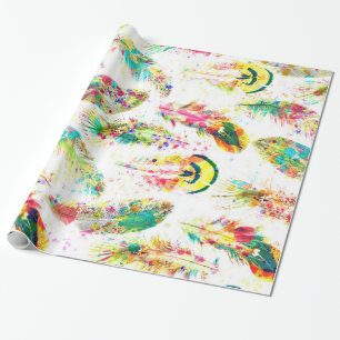 Cool trendy watercolor neon splatters feathers wrapping paper