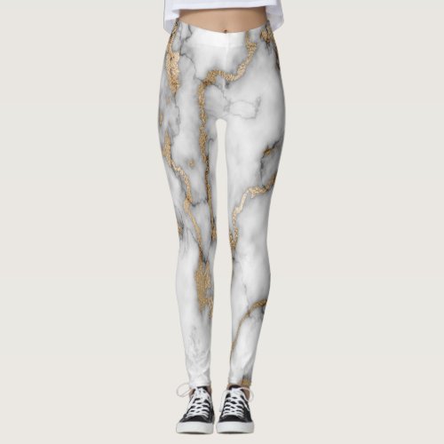 Cool Trendy White Gold Marble Pattern Leggings