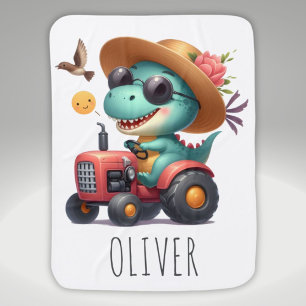 Cool Trex Dinosaur Farmer Driving Red Tractor  Baby Blanket