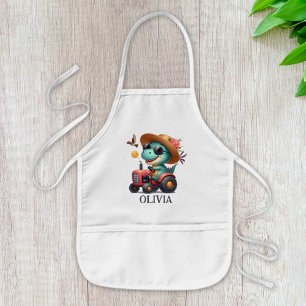 Cool Trex Dinosaur Farmer Driving Red Tractor Kids' Apron