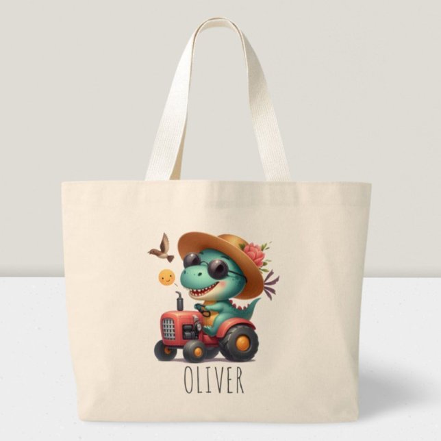 Cool Trex Dinosaur Farmer Driving Red Tractor  Large Tote Bag (Creator Uploaded)