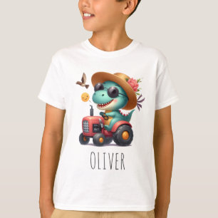 Cool Trex Dinosaur Farmer Driving Red Tractor T-Shirt