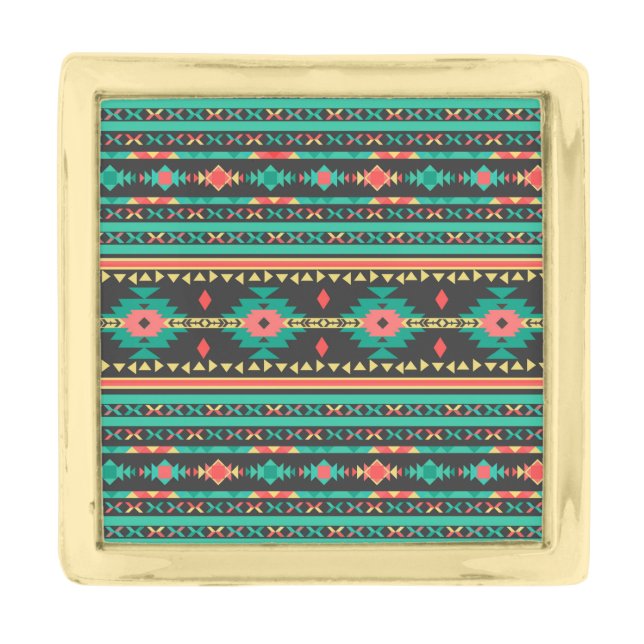 Cool tribal ethnic geometric pattern gold finish lapel pin (Front)
