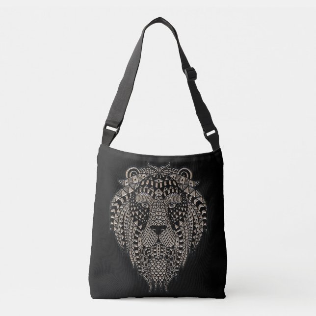 Cool Tribal Metallic Lion Head Black Crossbody Bag (Front)