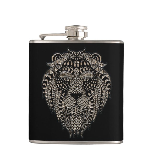 Cool Tribal Metallic Lion Head Flask (Front)