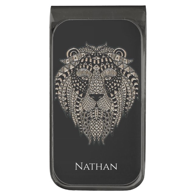 Cool Tribal Metallic Lion Head Gunmetal Finish Money Clip (Front Vertical)