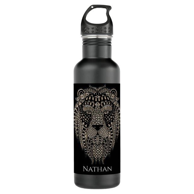 Cool Tribal Metallic Lion Head Personalised Stainless Steel Water Bottle (Front)