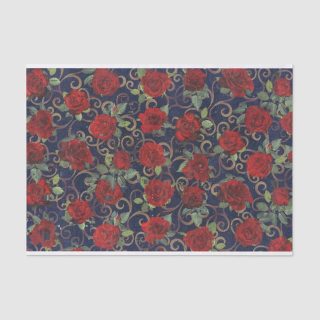     Cool Trippy Glitch Damask Modern Red Rose Navy Tissue Paper (Front)
