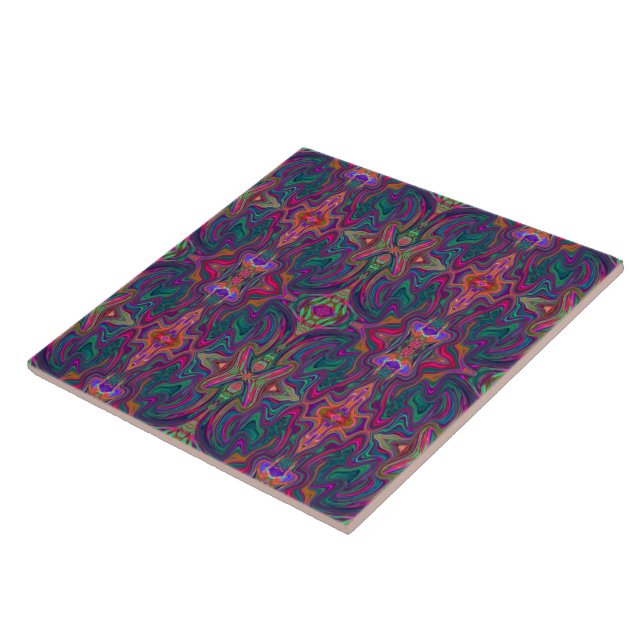 Cool Trippy Green, Orange and Purple Wavy Pattern Ceramic Tile (Side)