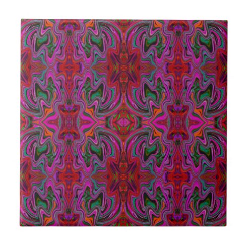 Cool Trippy Magenta Red and Green Wavy Pattern Ceramic Tile