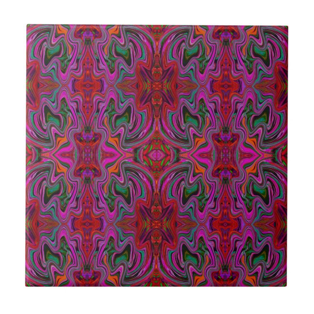 Cool Trippy Magenta, Red and Green Wavy Pattern Ceramic Tile (Front)