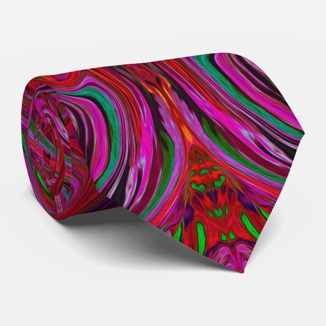 Cool Trippy Magenta, Red and Green Wavy Pattern Neck Tie (Rolled)