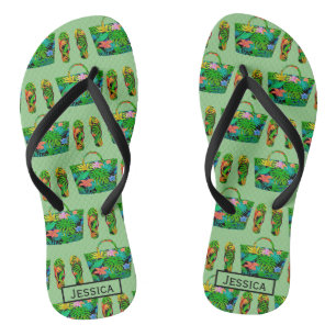 Cool Tropical Accessory Pattern Green Personalised Flip Flops