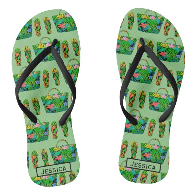 Cool Tropical Accessory Pattern Green Personalised Flip Flops (Footbed)