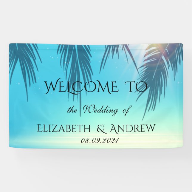 Cool Tropical Beach,Palm Blue Wedding Banner (Horizontal)