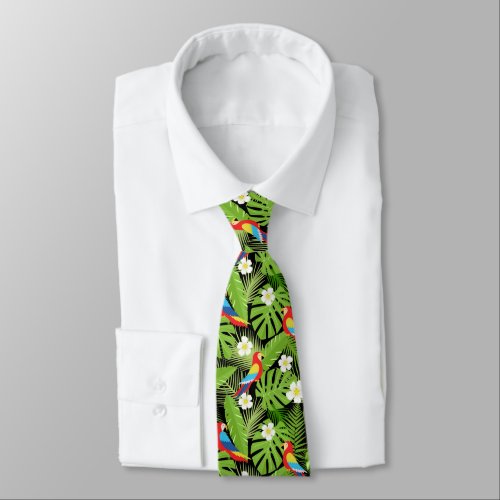 Cool tropical beach parrots tiled neck tie