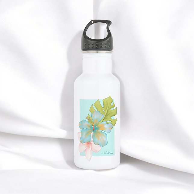 Cool Tropical Floral with Your Name Stainless Steel Water Bottle (Personalize with any name.)