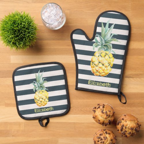 Cool Tropical  Gold Pineapple Navy Blue Stripes Oven Mitt  Pot Holder Set