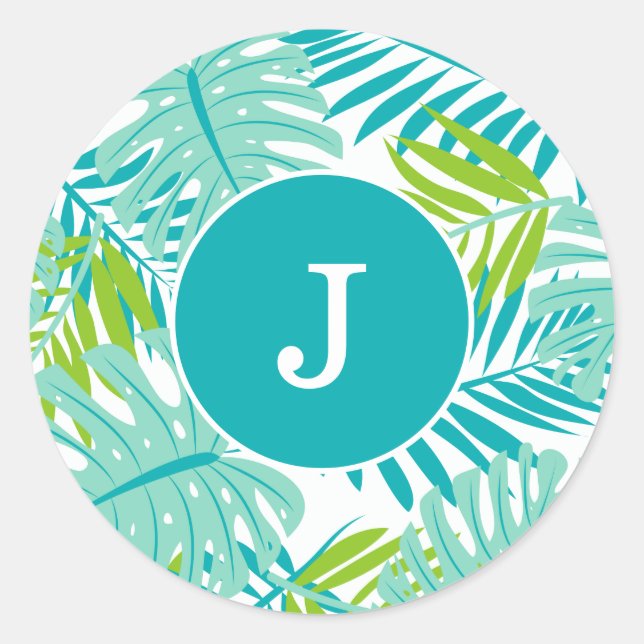 Cool Tropical Leaves Monogrammed Classic Round Sticker (Front)