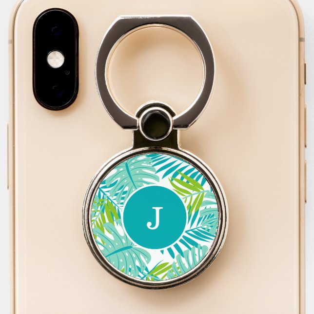 Cool Tropical Leaves Monogrammed Phone Ring Stand (Close Up)