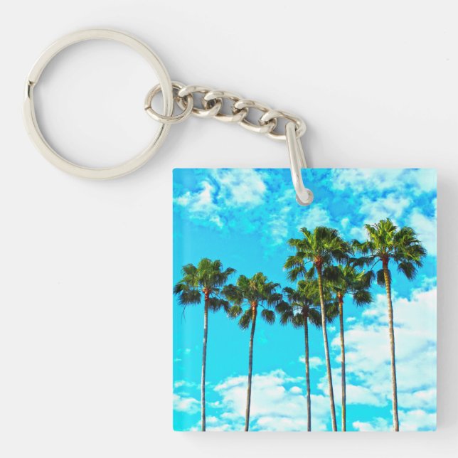 Cool Tropical Palm Trees Blue Sky Keychain (Front)