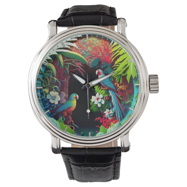 Cool Tropical Parrots Rainforest Art Watch (Front)