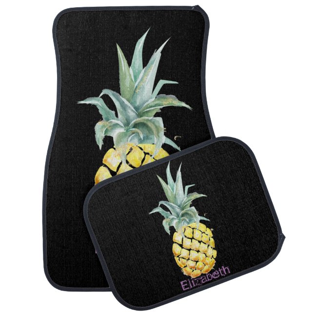 Cool Tropical Pineapple, Black Car Floor Mat (Set)