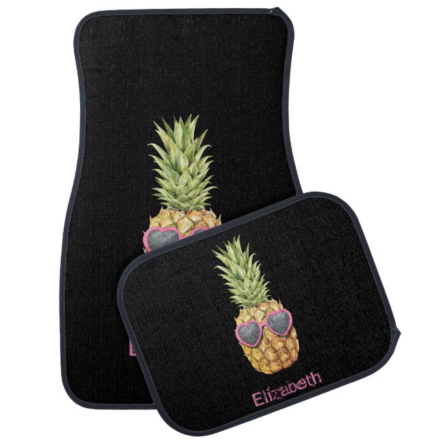 Cool Tropical Pineapple, Black Car Floor Mat (Set)