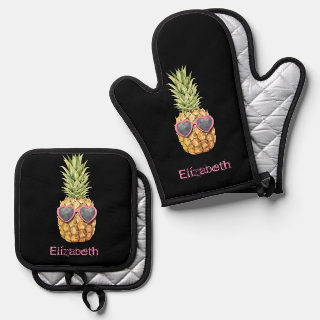 Cool Tropical Pineapple, Black Car Floor Mat Oven Mitt & Pot Holder Set (Front/Back)