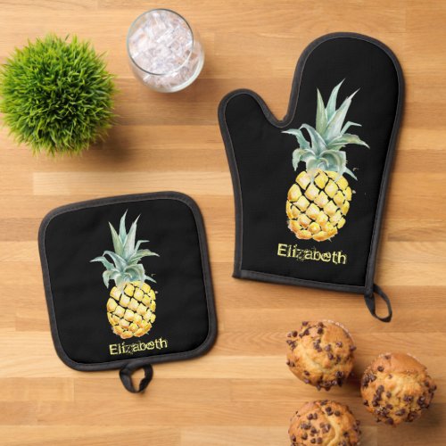 Cool Tropical Pineapple Black Oven Mitt  Pot Holder Set