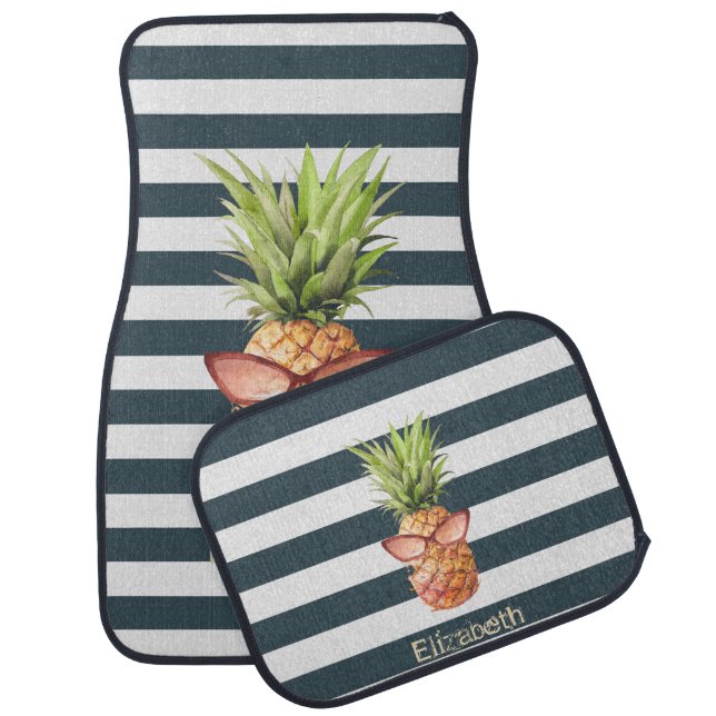 Cool Tropical Pineapple Navy Blue Stripes Car Floor Mat (Set)