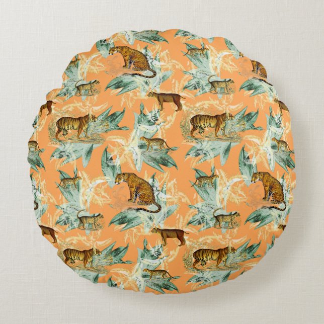 Cool Tropical Safari Wild Cats Tiger Orange Round Pillow (Front)