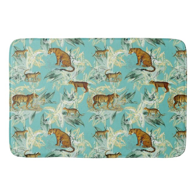 Cool Tropical Safari Wild Cats Tiger Teal Blue Bath Mat (Front)