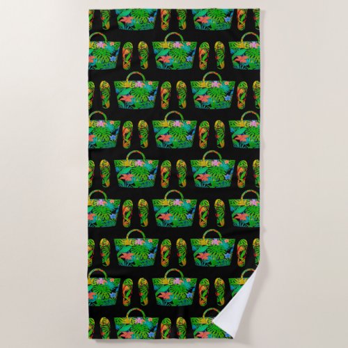 Cool Tropical Summer Accessories Pattern Black Beach Towel