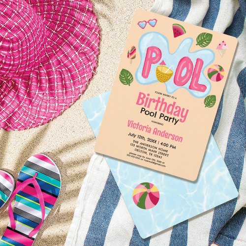 Cool Tropical Summer Pool Party Birthday Invitation