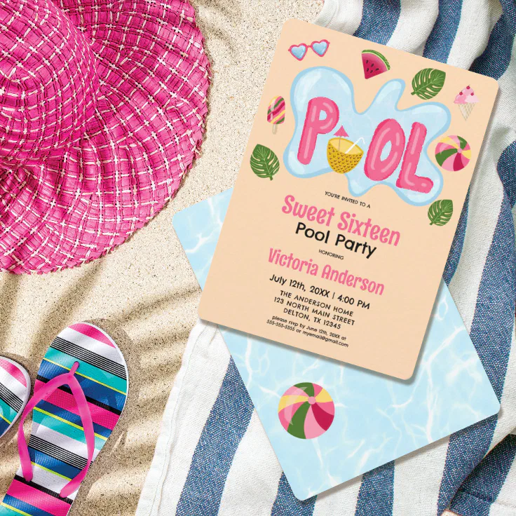 Cool Tropical Summer Pool Party Sweet 16 Invitation | Zazzle