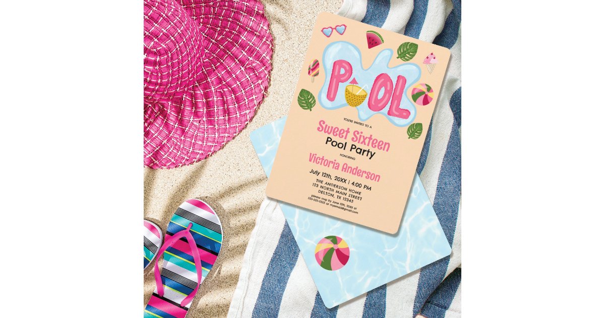 Cool Tropical Summer Pool Party Sweet 16 Invitation | Zazzle