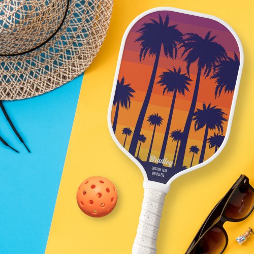 Cool Tropical Sunset Palm Trees Custom Text Name Pickleball Paddle
