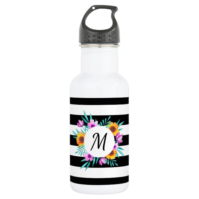Cool Tropical Watercolor Floral Wreath Monogram Water Bottle (Front)