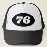 Cool trucker hat men's 76th Birthday party!<br><div class="desc">Cool trucker hat men's 76th Birthday party! Add your own custom age number. Cap with oval logo with year or age number. Fun accessory for men and women turning seventy six. Fun headwear for surprise parties. Great for husband, wife, grandma, uncle, grandpa, father, grandfather, cousin, brother, dad, best friend, co...</div>