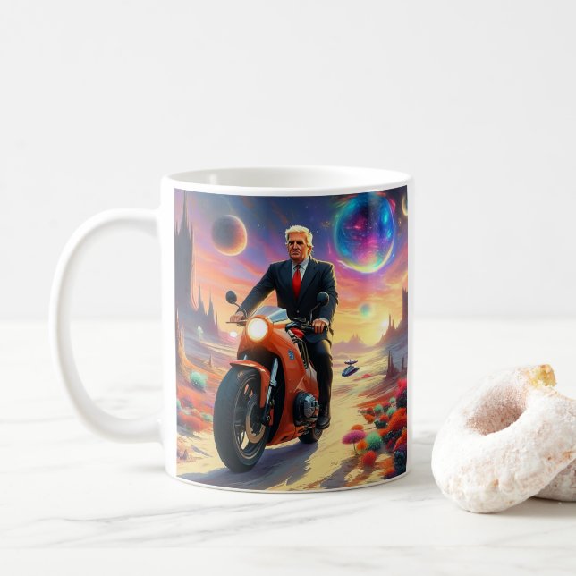cool Trump Motorcycle Alien Planet Spaceship MAGA Coffee Mug (With Donut)