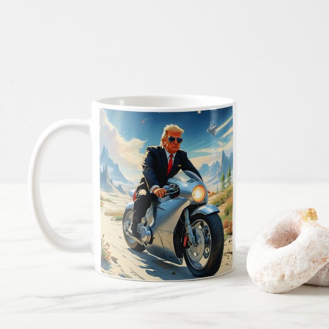 cool Trump Motorcycle Alien Planet Spaceship MAGA Coffee Mug (With Donut)