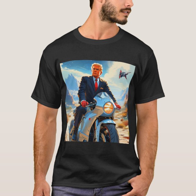 cool Trump Motorcycle Alien Planet Spaceship MAGA T-Shirt (Front)