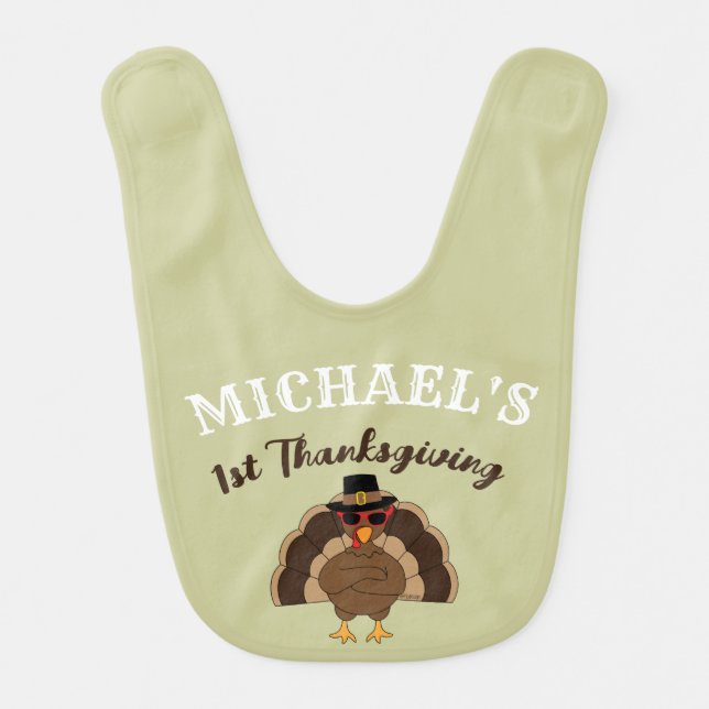 Cool Turkey 1st Thanksgiving Custom name Baby Bib (Front)